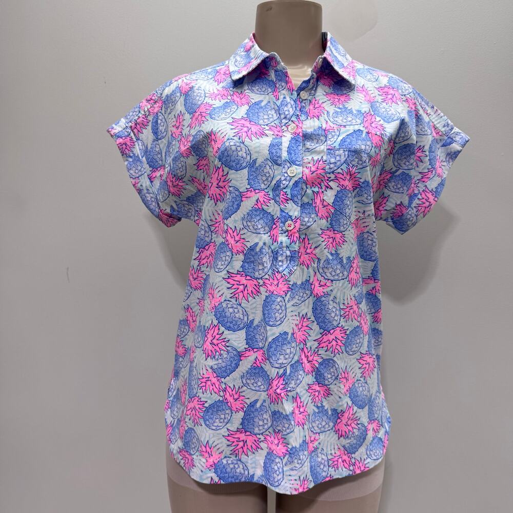 NWT Vineyard Vines Women Printed Popover Pineapple Blue Pink Shirt US 2 Tropical